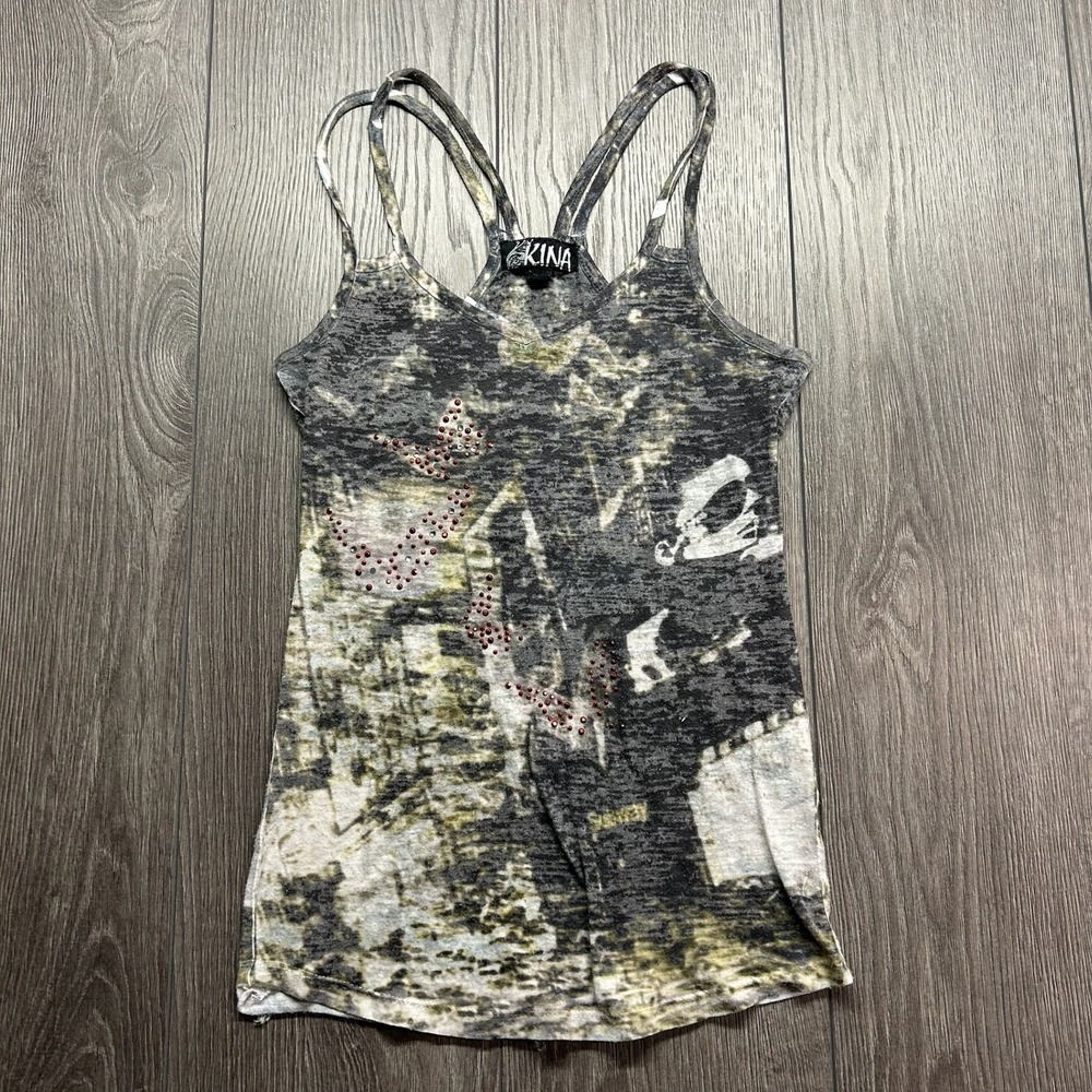 Kina Burnout Graphic Tank Top Y2K Multi-Strap Rhinestone Butterfly Grey Olive
